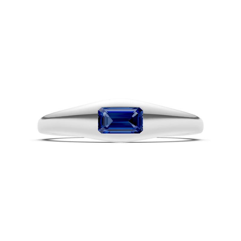 Blue Sapphire Flush-Set Emerald Cut Gemstone Mini Signet Ring
