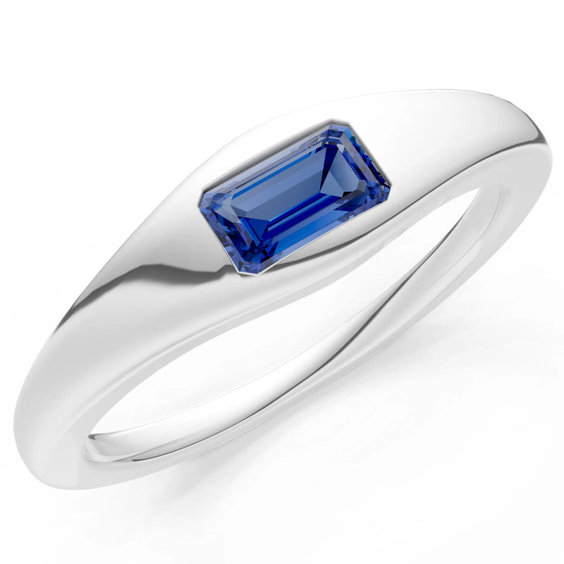 Blue Sapphire Flush-Set Emerald Cut Gemstone Mini Signet Ring