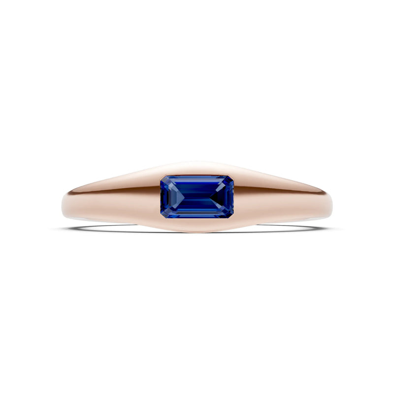 Blue Sapphire Flush-Set Emerald Cut Gemstone Mini Signet Ring