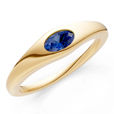 Blue Sapphire Flush-Set Oval Gemstone Mini Signet Ring