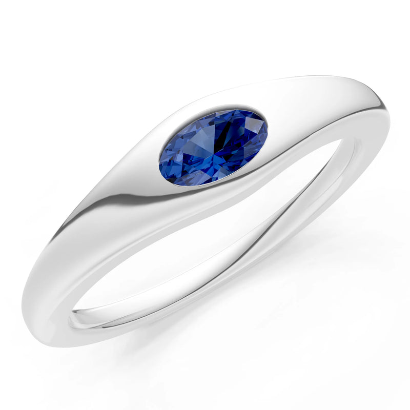 Blue Sapphire Flush-Set Oval Gemstone Mini Signet Ring