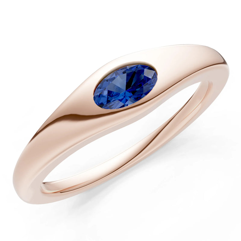 Blue Sapphire Flush-Set Oval Gemstone Mini Signet Ring