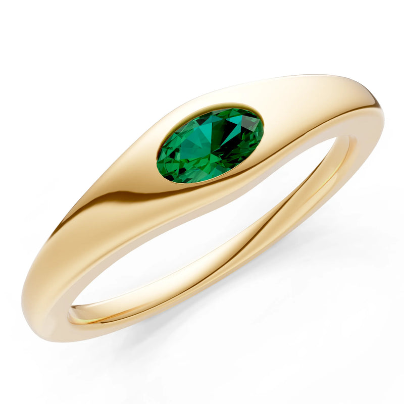 Emerald Flush-Set Oval Gemstone Mini Signet Ring