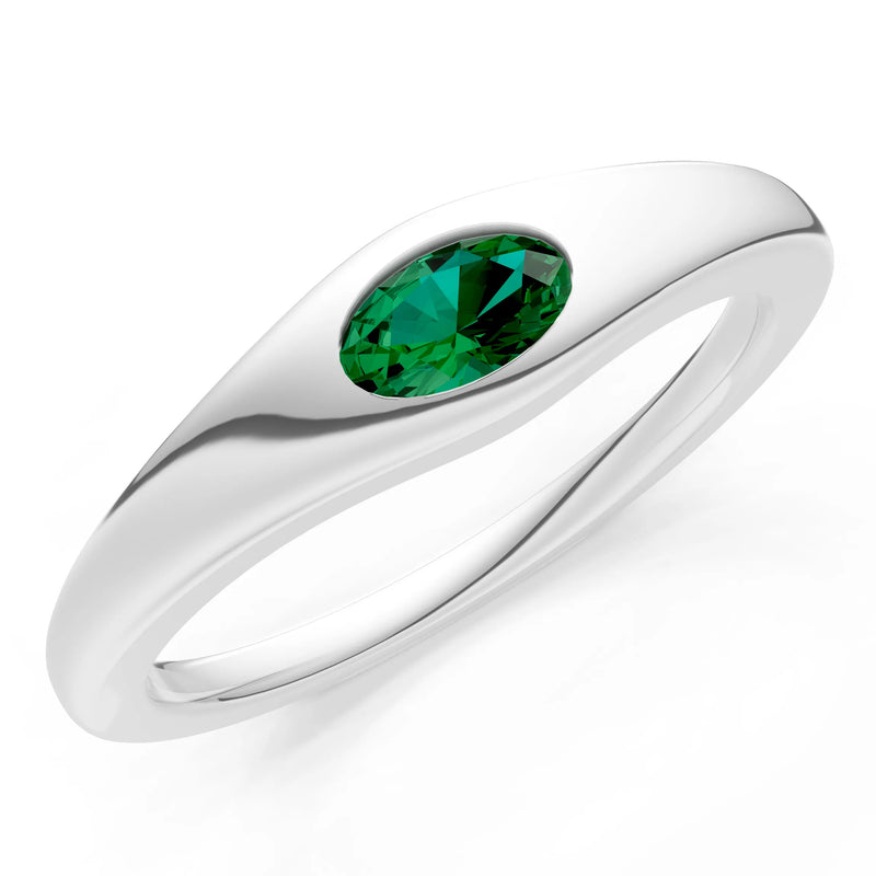 Emerald Flush-Set Oval Gemstone Mini Signet Ring