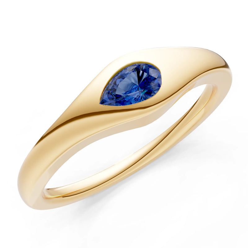 Blue Sapphire Flush-Set Pear Gemstone Mini Signet Ring
