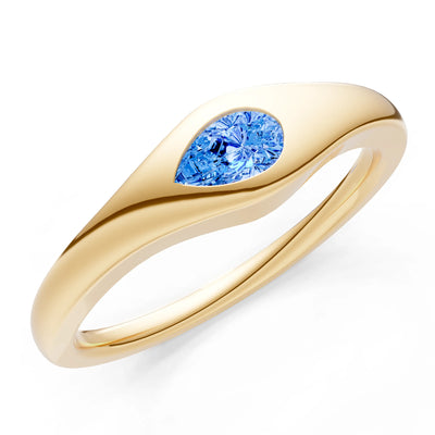 Swiss Blue Topaz Flush-Set Pear Gemstone Mini Signet Ring