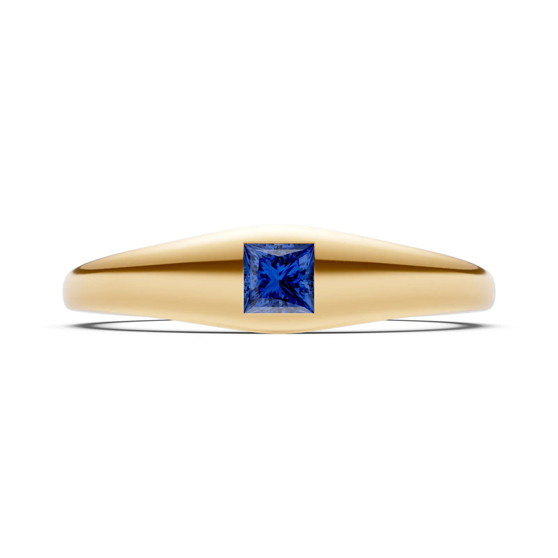 Blue Sapphire Flush-Set Princess Cut Gemstone Mini Signet Ring