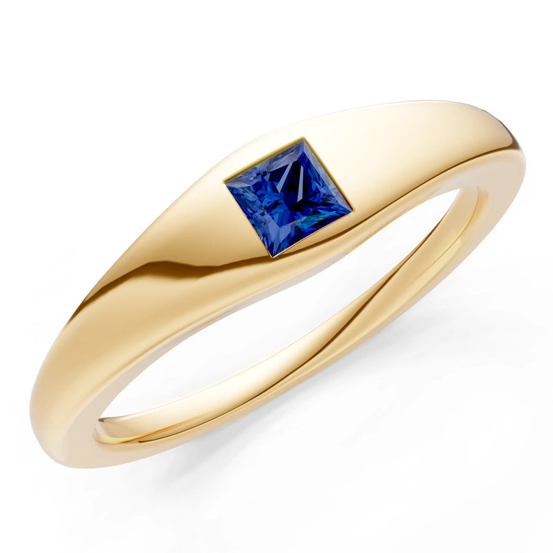 Blue Sapphire Flush-Set Princess Cut Gemstone Mini Signet Ring