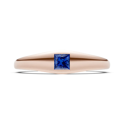 Blue Sapphire Flush-Set Princess Cut Gemstone Mini Signet Ring