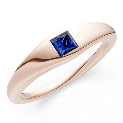 Blue Sapphire Flush-Set Princess Cut Gemstone Mini Signet Ring