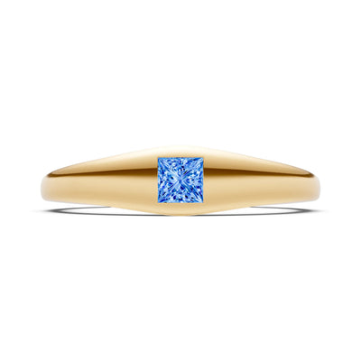Swiss Blue Topaz Flush-Set Princess Cut Gemstone Mini Signet Ring