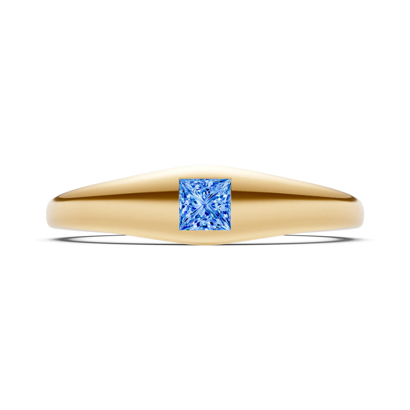 Swiss Blue Topaz Flush-Set Princess Cut Gemstone Mini Signet Ring