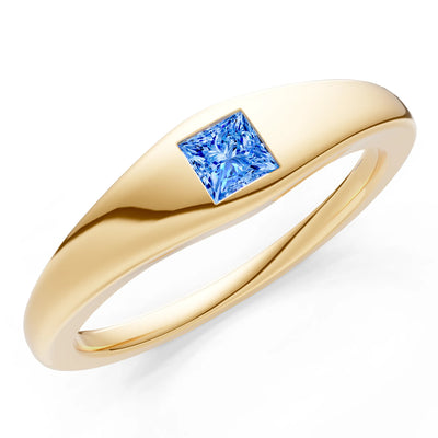 Swiss Blue Topaz Flush-Set Princess Cut Gemstone Mini Signet Ring