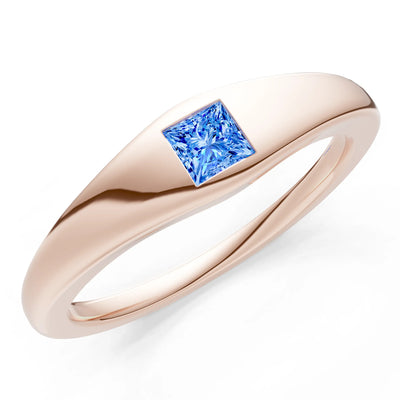 Swiss Blue Topaz Flush-Set Princess Cut Gemstone Mini Signet Ring