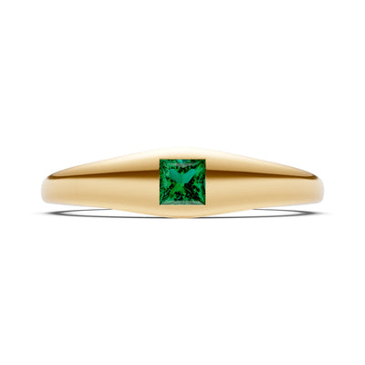 Emerald Flush-Set Princess Cut Gemstone Mini Signet Ring