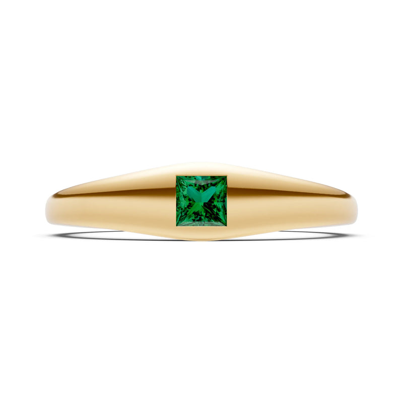Emerald Flush-Set Princess Cut Gemstone Mini Signet Ring