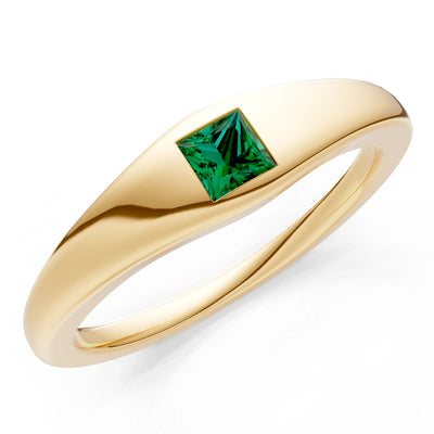 Emerald Flush-Set Princess Cut Gemstone Mini Signet Ring
