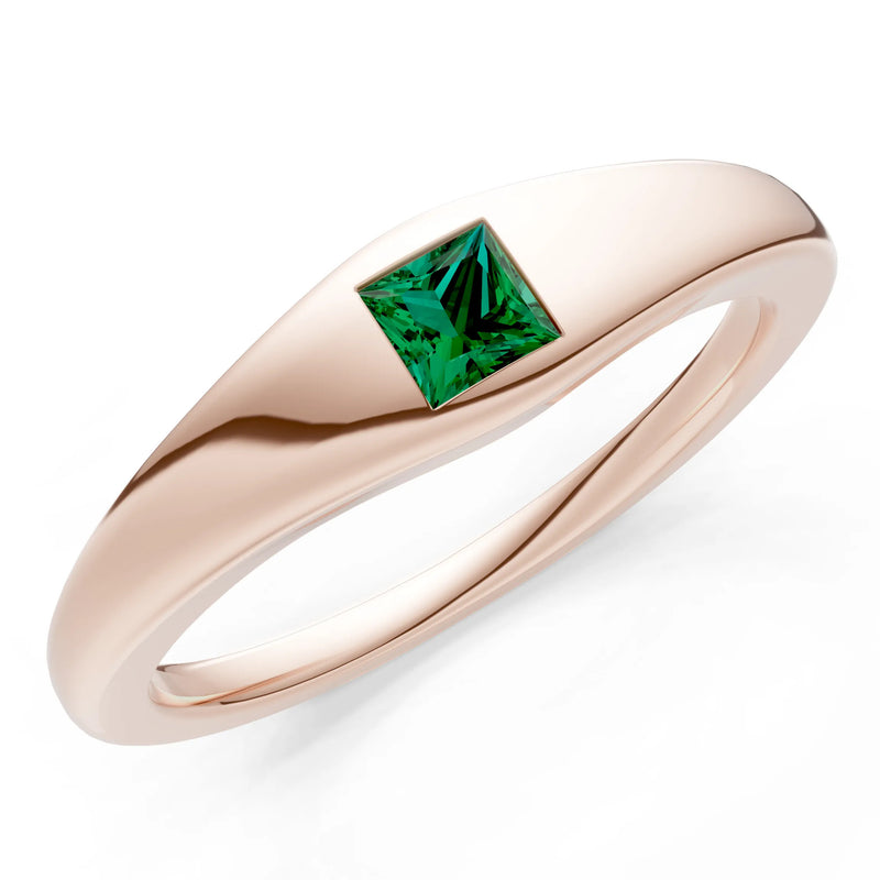 Emerald Flush-Set Princess Cut Gemstone Mini Signet Ring