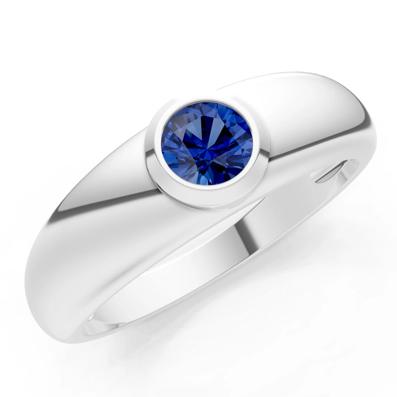Blue Sapphire Bezel Set Round Cut Signet Ring