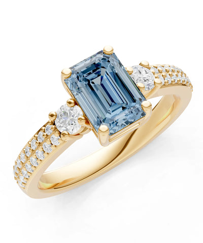 Aquamarine Three Stone Double Pave Emerald Cut Band