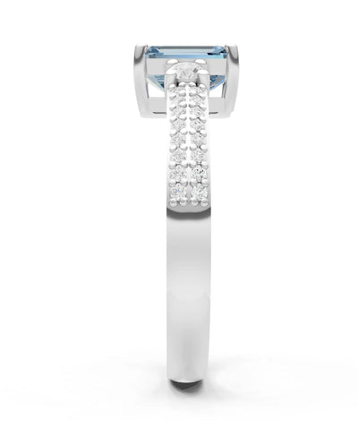 Aquamarine Three Stone Double Pave Emerald Cut Band