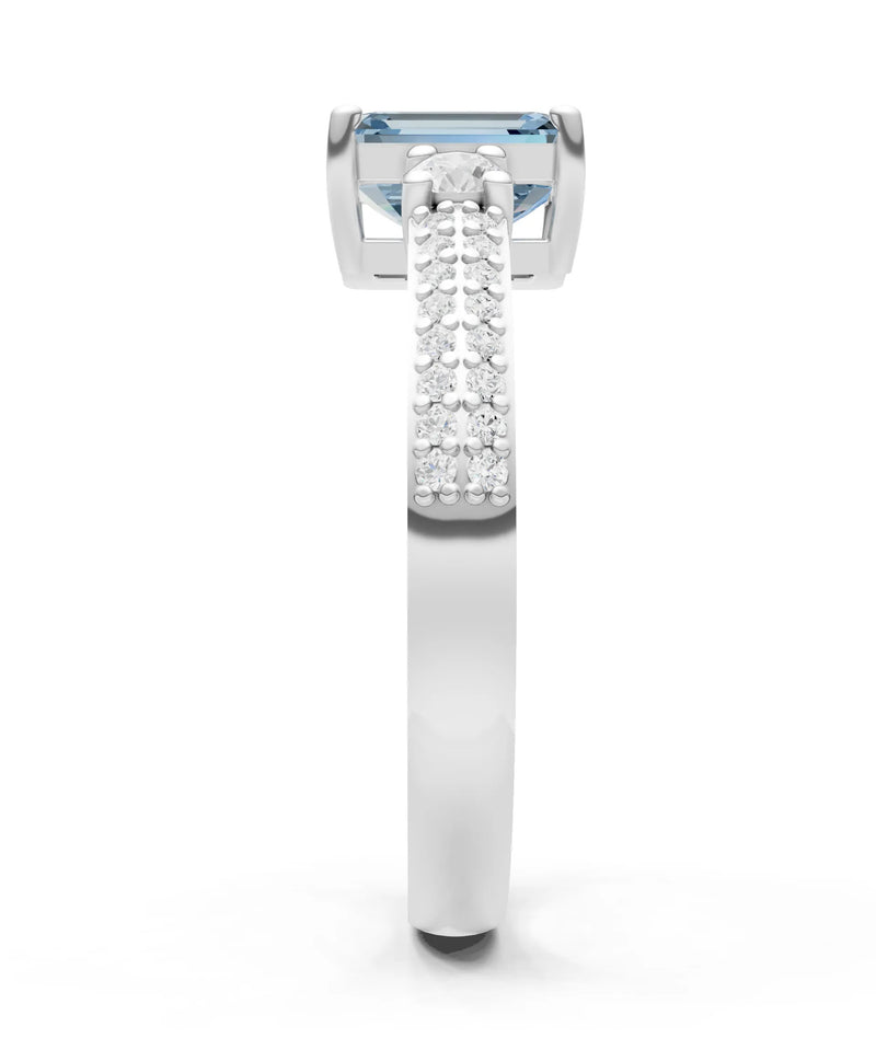 Aquamarine Three Stone Double Pave Emerald Cut Band
