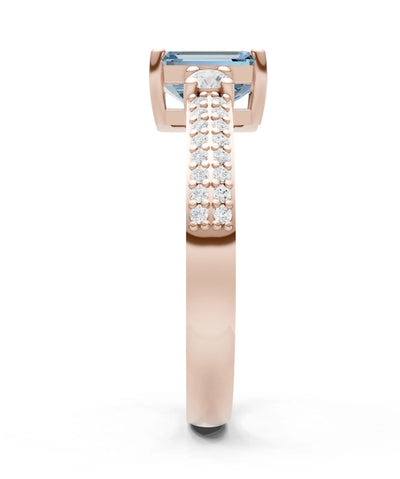 Aquamarine Three Stone Double Pave Emerald Cut Band