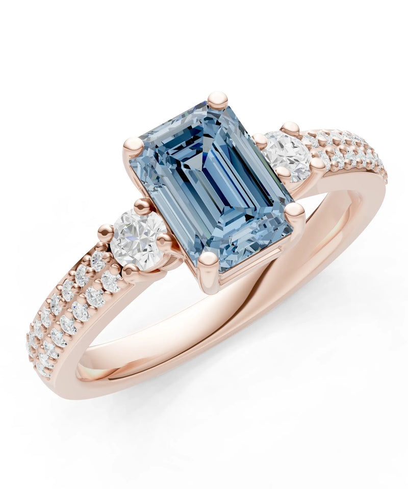 Aquamarine Three Stone Double Pave Emerald Cut Band