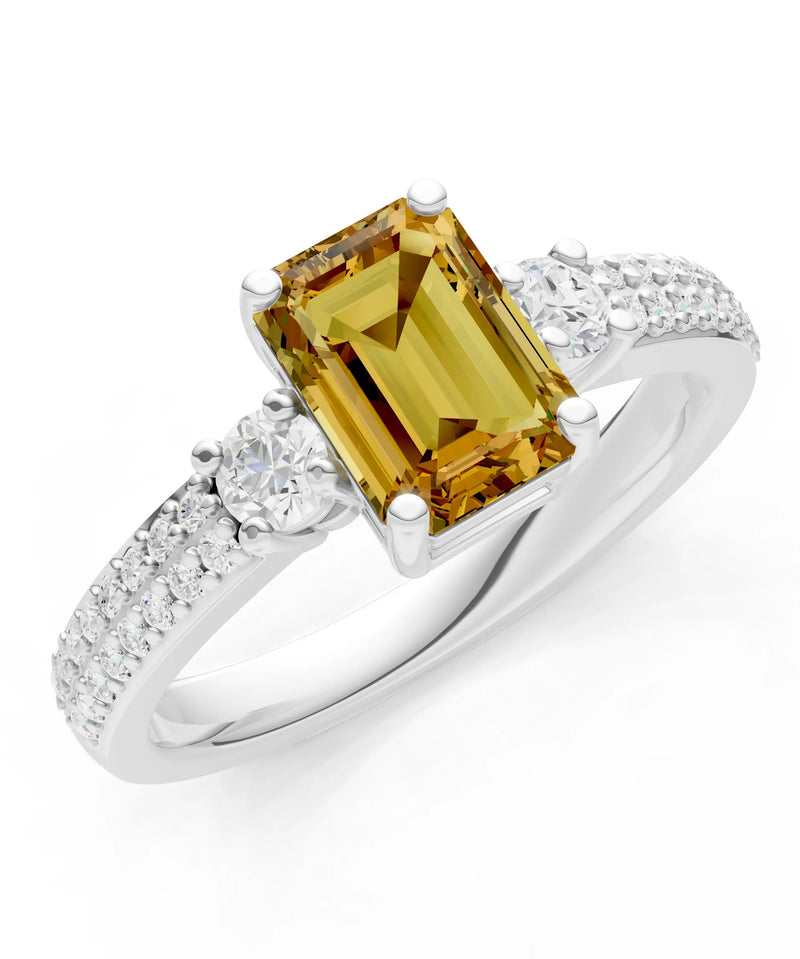 Citrine Three Stone Double Pave Emerald Cut Band