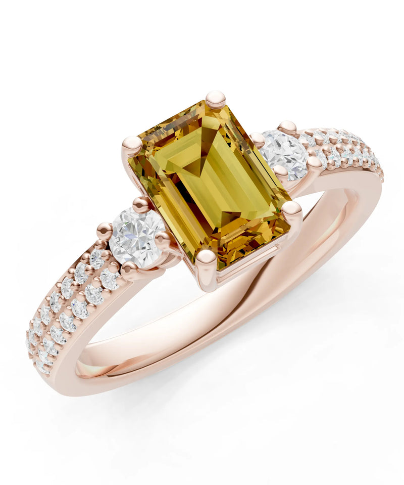 Citrine Three Stone Double Pave Emerald Cut Band