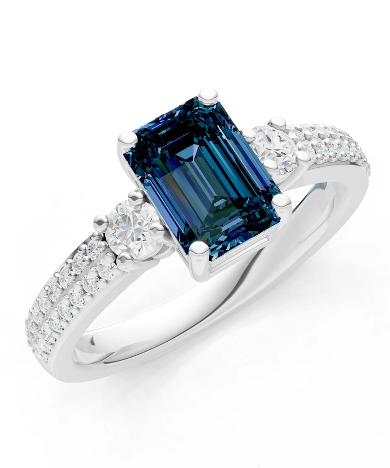 Alexandrite Three Stone Double Pave Emerald Cut Band