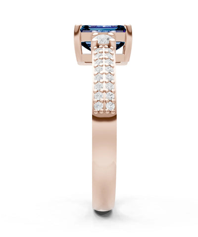 Alexandrite Three Stone Double Pave Emerald Cut Band