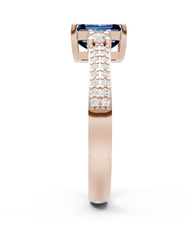 Alexandrite Three Stone Double Pave Emerald Cut Band