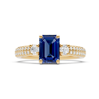 Blue Sapphire Three Stone Double Pave Emerald Cut Band