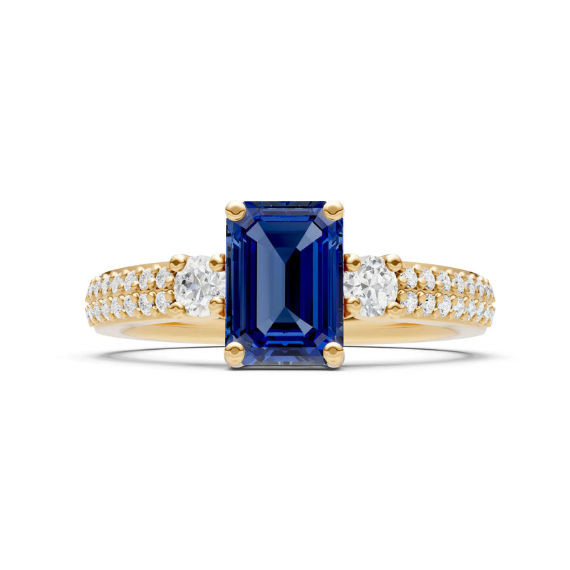 Blue Sapphire Three Stone Double Pave Emerald Cut Band