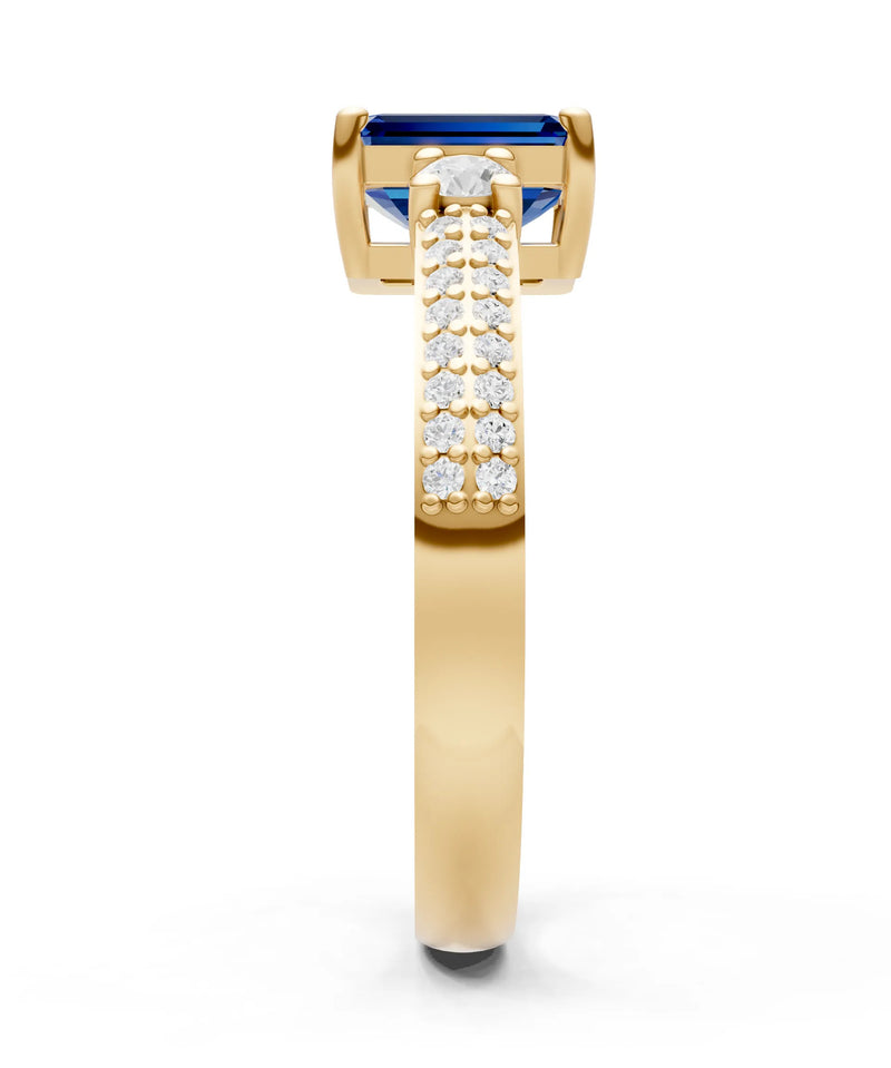 Blue Sapphire Three Stone Double Pave Emerald Cut Band