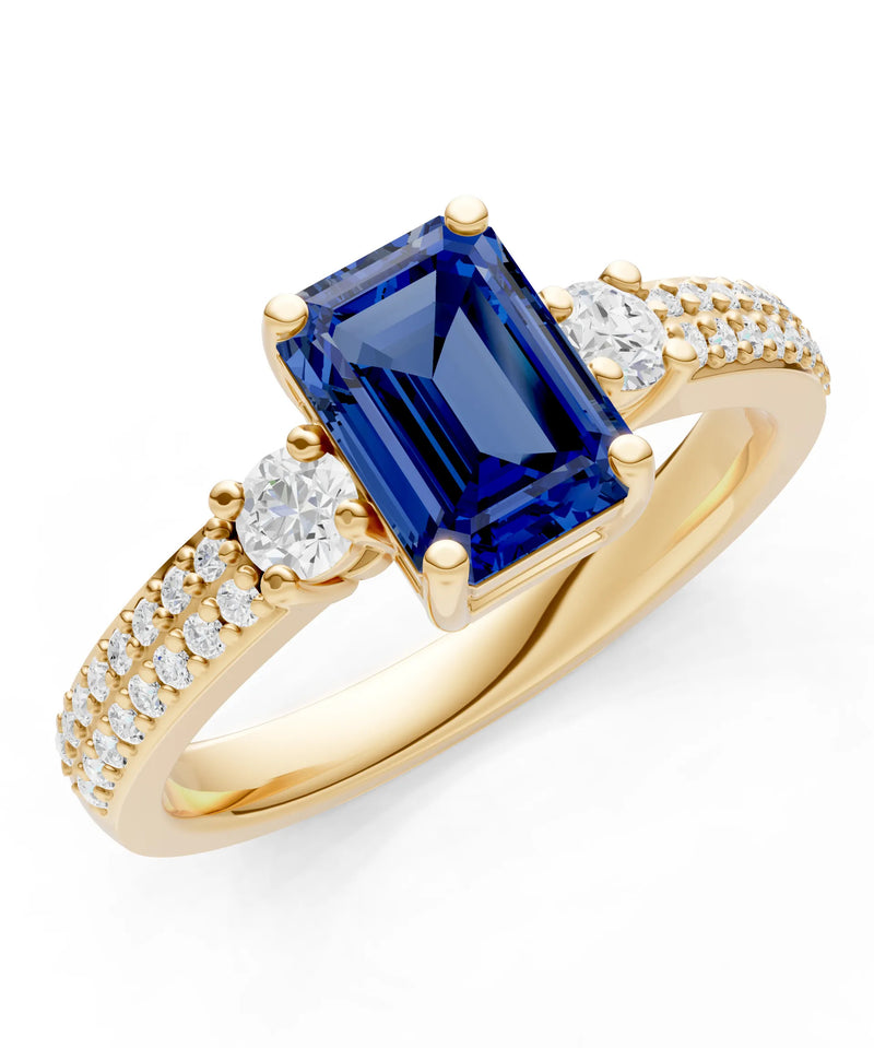 Blue Sapphire Three Stone Double Pave Emerald Cut Band