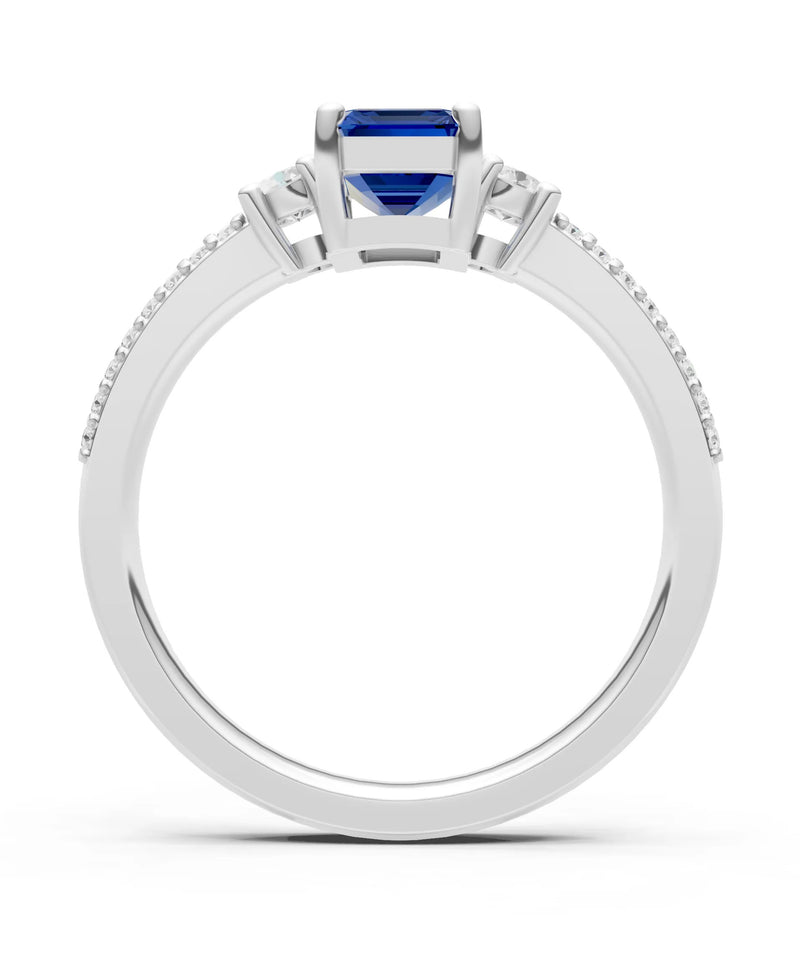 Blue Sapphire Three Stone Double Pave Emerald Cut Band