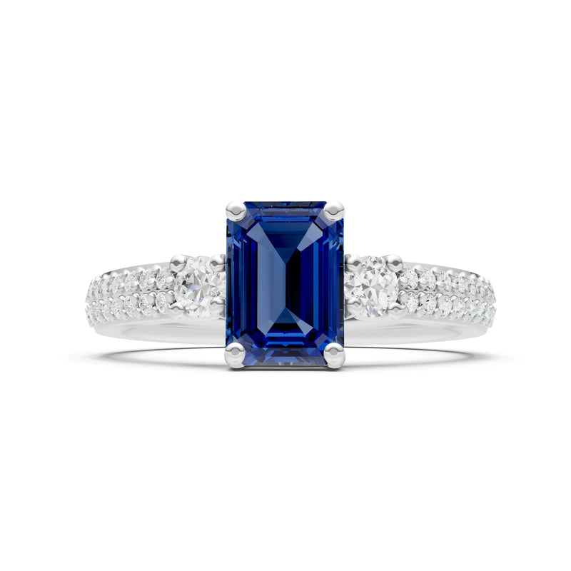 Blue Sapphire Three Stone Double Pave Emerald Cut Band