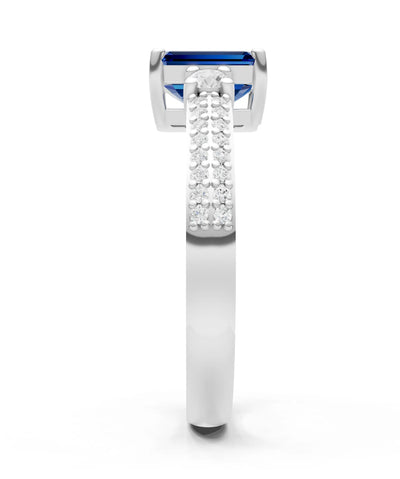 Blue Sapphire Three Stone Double Pave Emerald Cut Band