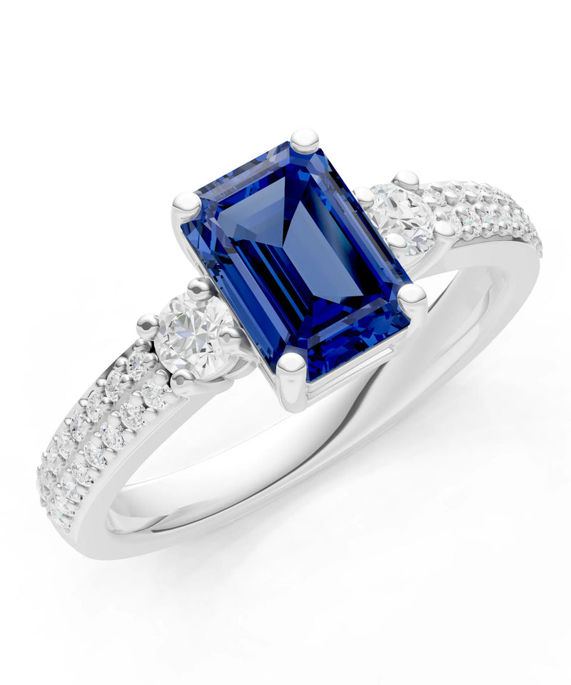 Blue Sapphire Three Stone Double Pave Emerald Cut Band