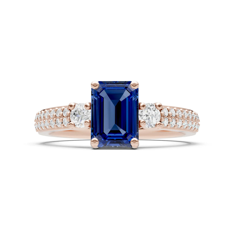 Blue Sapphire Three Stone Double Pave Emerald Cut Band