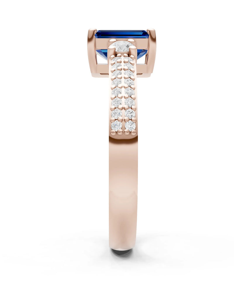 Blue Sapphire Three Stone Double Pave Emerald Cut Band