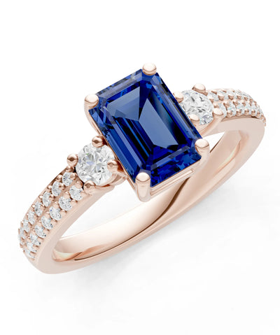 Blue Sapphire Three Stone Double Pave Emerald Cut Band