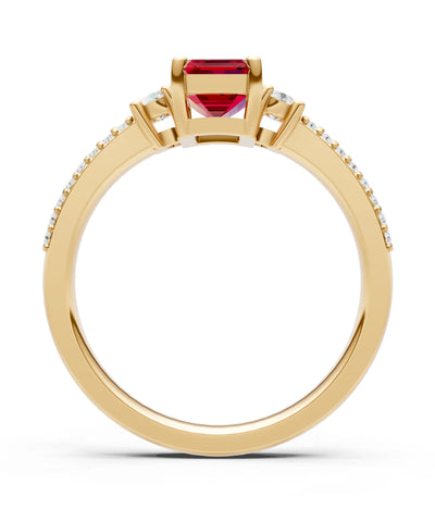Ruby Three Stone Double Pave Emerald Cut Band