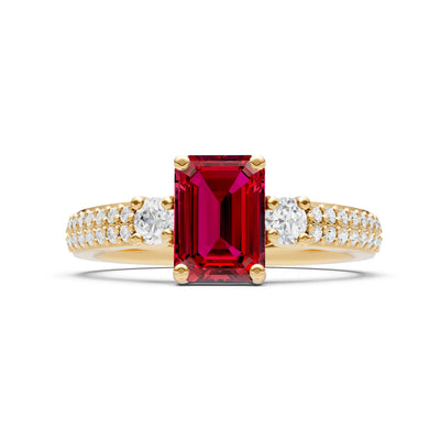 Ruby Three Stone Double Pave Emerald Cut Band