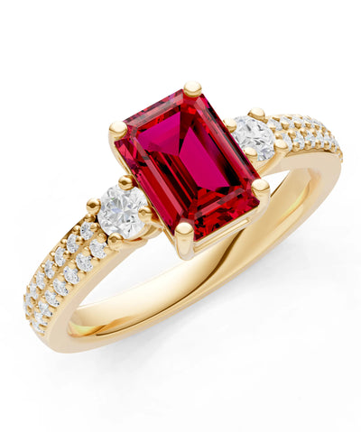 Ruby Three Stone Double Pave Emerald Cut Band