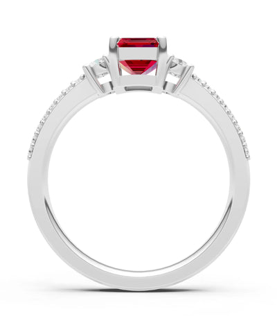 Ruby Three Stone Double Pave Emerald Cut Band