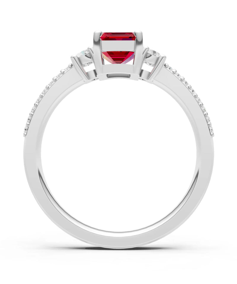 Ruby Three Stone Double Pave Emerald Cut Band