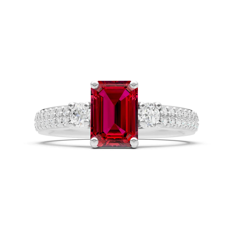 Ruby Three Stone Double Pave Emerald Cut Band